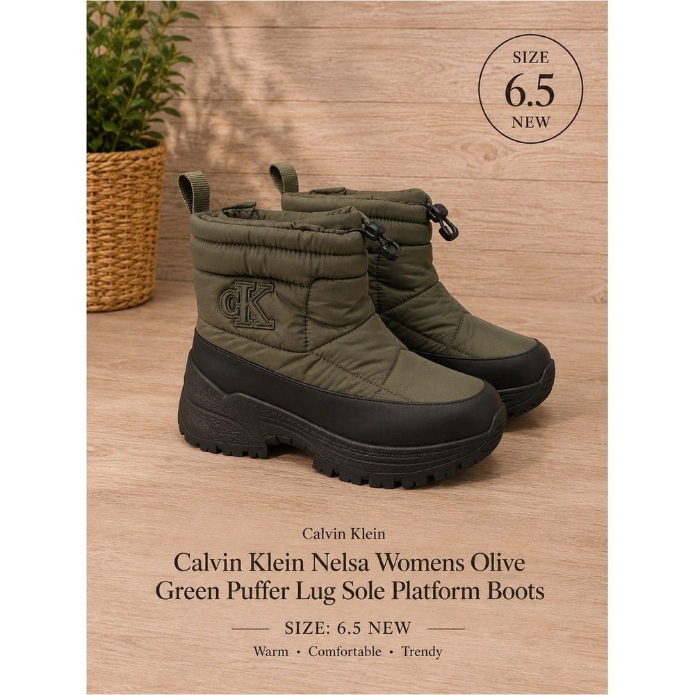 Calvin Klein Nelsa Womens Olive Green Puffer Lug Sole Platform Boots 6.5 NEW‎